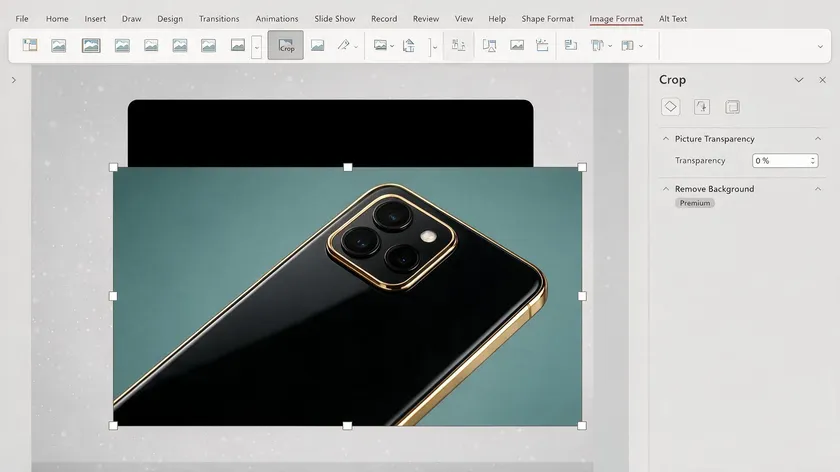 PowerPoint's Picture Format ribbon with the Crop tool open on a product photo before background removal.
