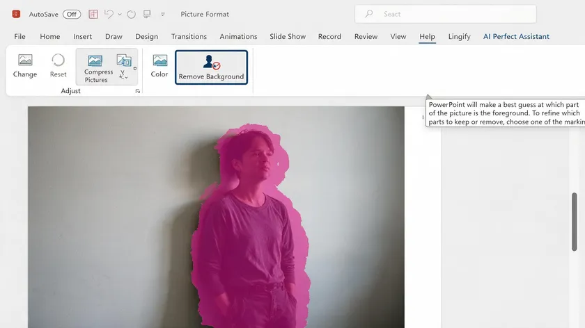 PowerPoint's Remove Background button highlighted in the ribbon with a magenta overlay covering the background of a person against a wall.