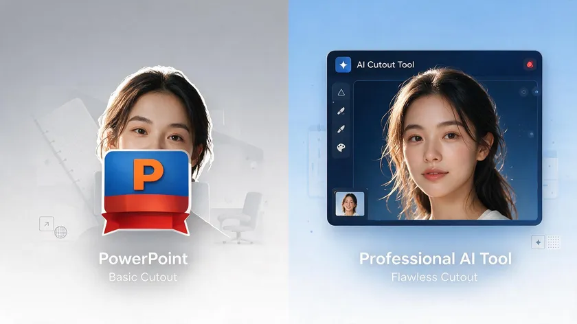 Split comparison showing a basic PowerPoint cutout next to a flawless cutout from a dedicated tool to remove background from image in PowerPoint with more precision.