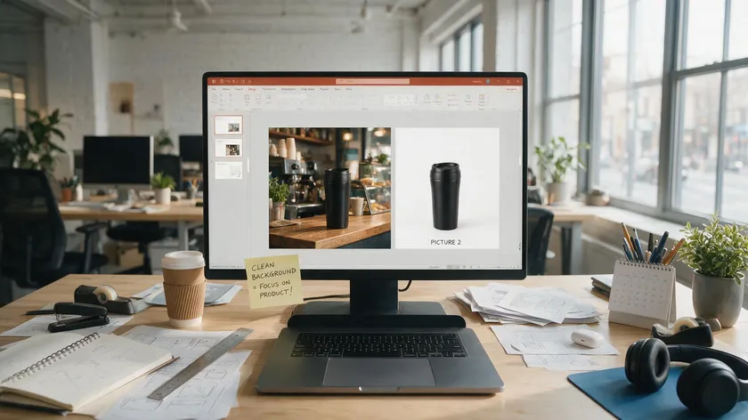 Designer's desk with a laptop and monitor showing PowerPoint slides, illustrating how to remove background from image in PowerPoint for clean product shots.