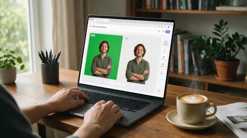 A person uploading a green screen photo to a browser-based tool, showing a before-and-after transparent cutout.