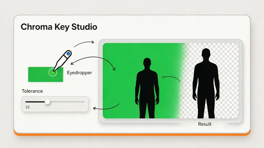 Illustration of chroma key software showing an eyedropper tool, a tolerance slider, and a green screen being turned transparent.