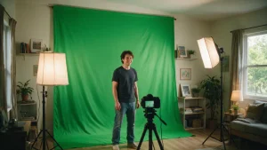 A person standing in front of a green screen backdrop, ready to remove green screen from image using chroma key.