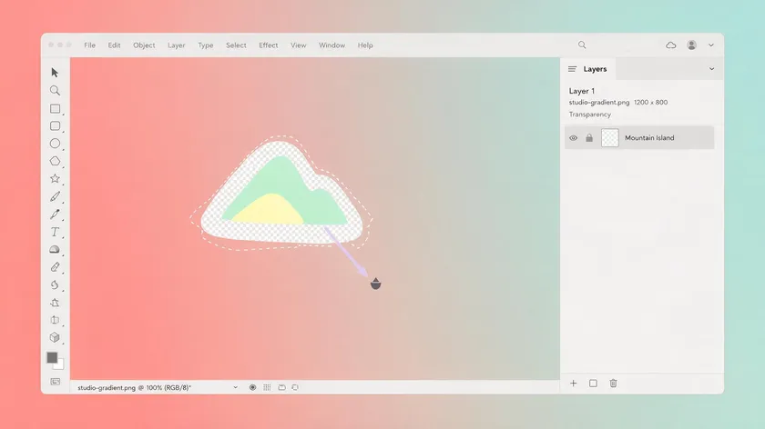 Illustration of a transparent cutout being dragged onto a new gradient background inside a design tool.