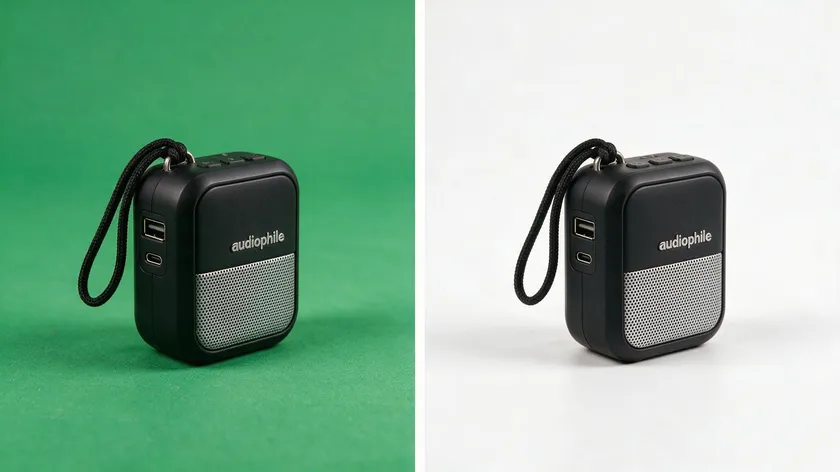 A small speaker product photographed on a green screen next to the same shot composited onto a clean white background.