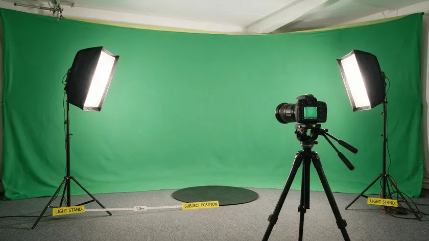 A green screen studio setup with two softbox lights and a labeled subject distance, prepared to remove green screen from image cleanly.