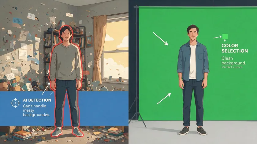 Side-by-side illustration comparing generic AI background detection in a messy room versus color-based chroma key removal on a green screen.
