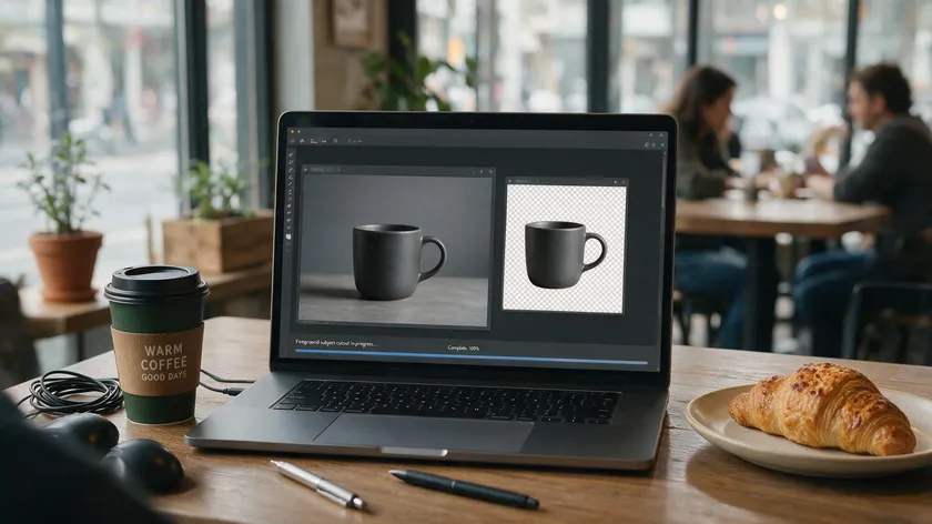 A freelancer at a coffee shop watching an AI tool finish removing the background from photo of a mug in seconds on a laptop screen.
