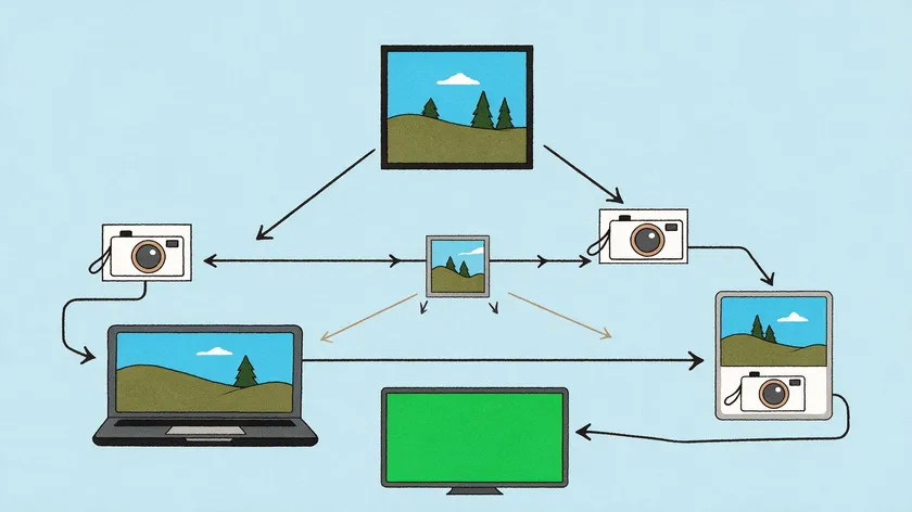 A flat illustration showing a decision path for removing background from photo across camera, laptop, phone, and green screen workflows.