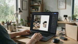 A split laptop screen showing a product photo before and after removing background from photo, transitioning to a transparent checkerboard backdrop.