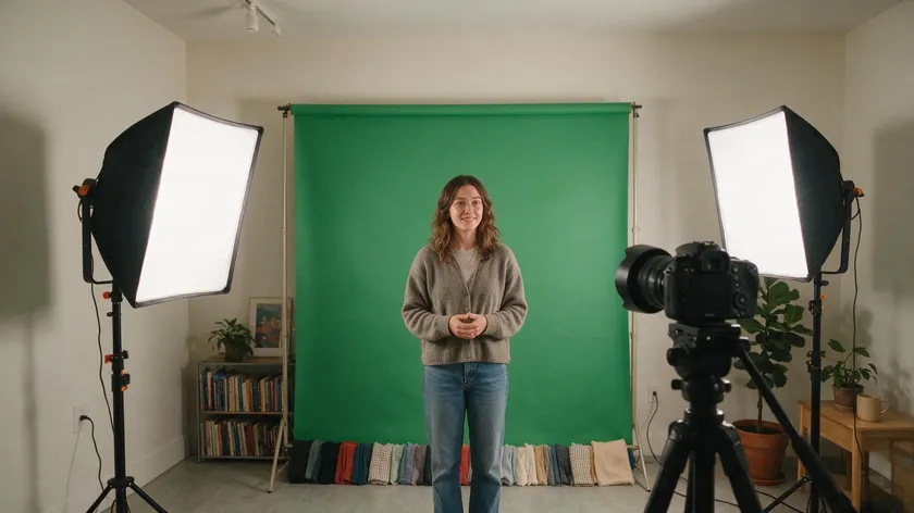 A home studio setup with softbox lights and a green screen backdrop, an alternative to removing background from photo with AI.