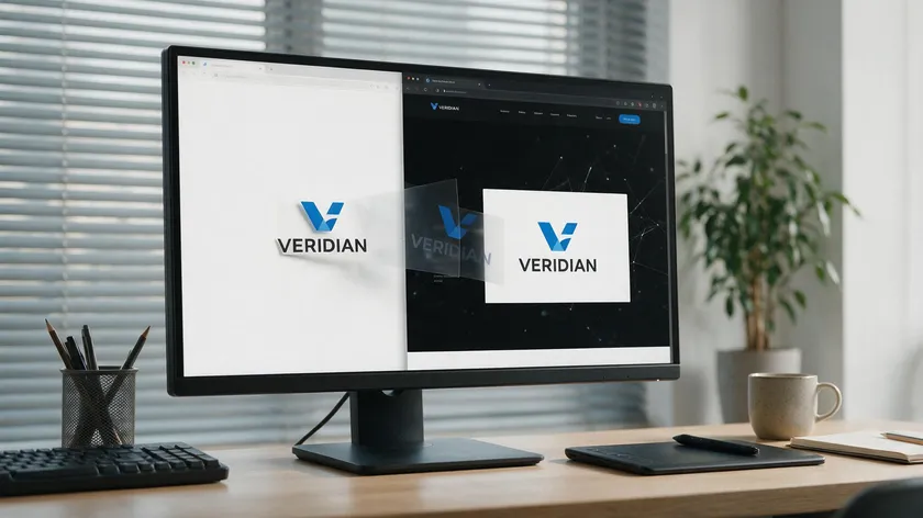 A designer's monitor showing a company logo mid-transition after removing the background from photo for use on a dark website.