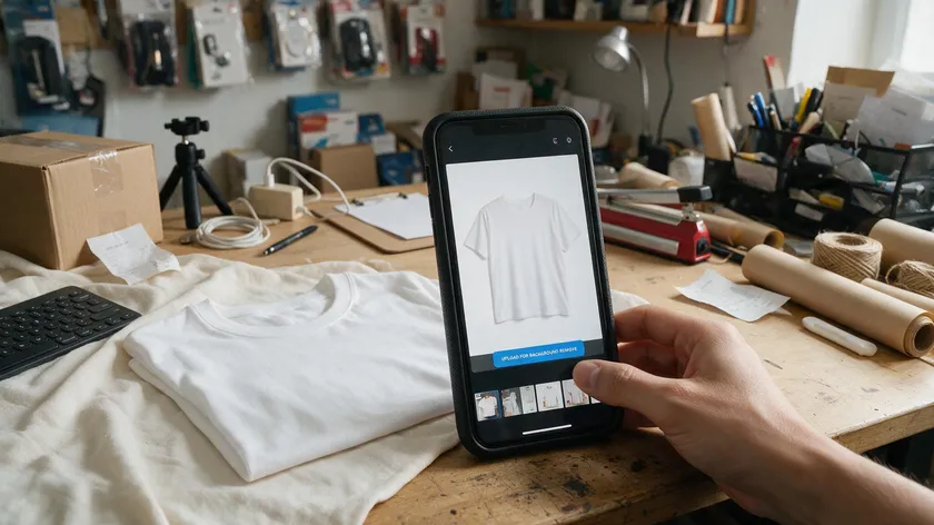 An e-commerce seller using a phone app for removing background from photo on a plain white T-shirt before uploading it to a marketplace.