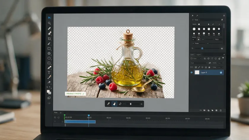 Close-up of a laptop screen mid-edit showing a product photo with the Erase and Restore brush tool active over a checkerboard transparent background.