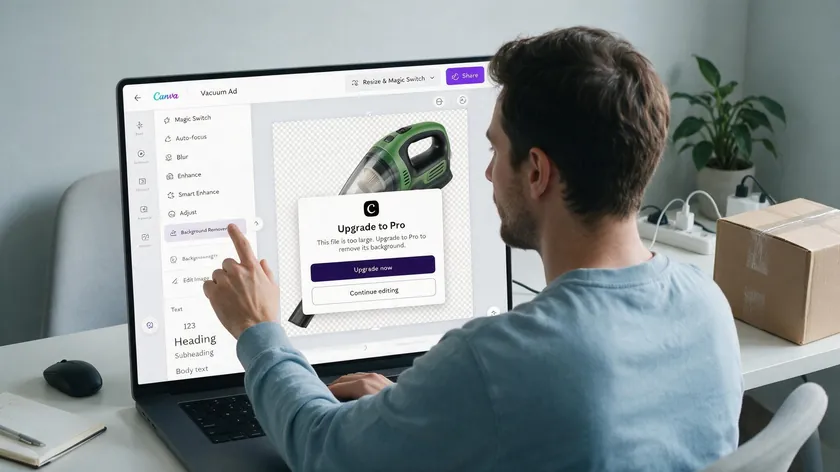A person following how to make a transparent background in Canva by clicking the Background Remover tool, with an upgrade to Pro paywall prompt appearing on a product photo.
