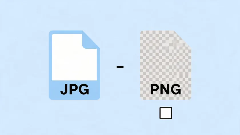 Illustration contrasting a JPG file icon with a solid white fill against a PNG file icon showing checkerboard transparency.