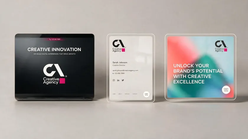 A transparent logo displayed cleanly across three different mockups: a dark website header, a light email signature, and a colored social media banner, showing how a transparent background in Canva makes brand assets reusable.