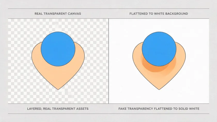 Side-by-side comparison of a real transparent checkerboard canvas next to the same image flattened onto a solid white background, showing the difference between true and fake transparency.