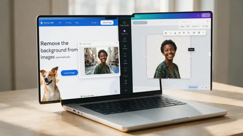 Split screen showing a photo uploaded to an online background remover tool next to the resulting transparent PNG being placed into a Canva design.