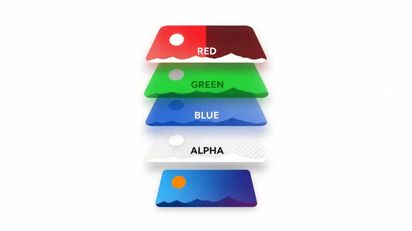 Diagram of red, green, blue, and alpha channel layers, illustrating what it's called when an image has no background and how transparency is stored.