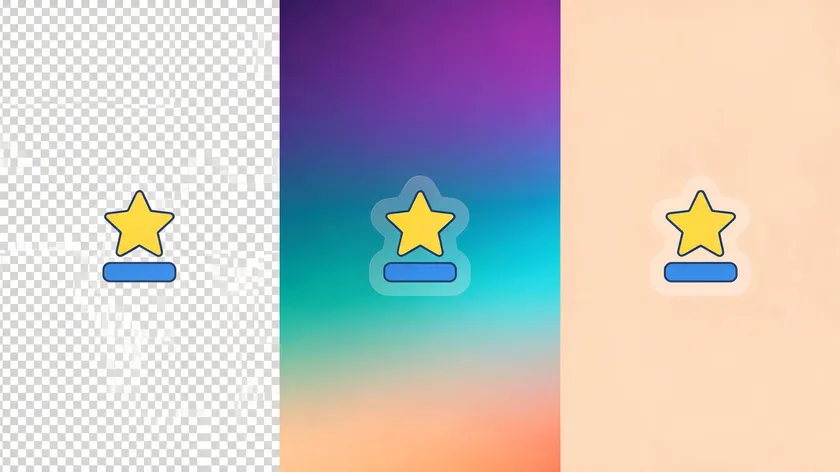 Illustration showing what it's called when an image has no background, with the same icon placed over a checkerboard pattern, a gradient, and a solid color to demonstrate transparency.