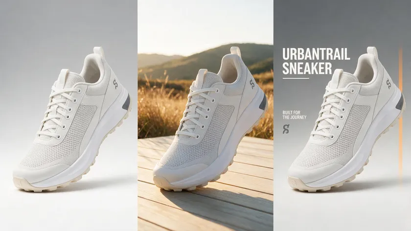 A product photo of a sneaker shown isolated, on a lifestyle scene, and on a colored banner, demonstrating what it's called when an image has no background for ecommerce.
