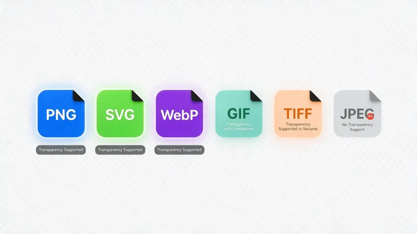 Comparison of PNG, SVG, WebP, GIF, TIFF, and JPEG file format icons showing which ones support transparency, relevant to what it's called when an image has no background.