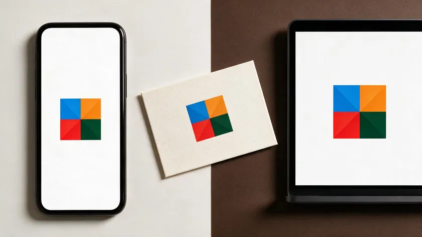 A logo displayed consistently across a smartphone, business card, and laptop screen, showing what it's called when an image has no background in brand assets.