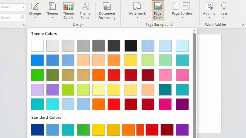 Word's Design tab with the Page Color dropdown open, showing Theme Colors and Standard Colors swatches.