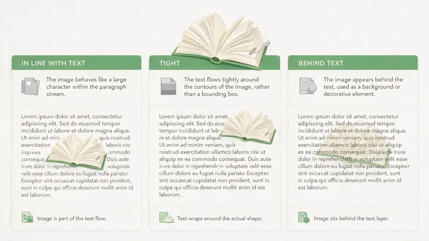 Side-by-side comparison of Word's Wrap Text options—In Line with Text, Tight, and Behind Text—showing how each affects a cutout image among paragraphs.