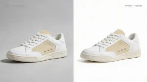 Side-by-side comparison showing the amazon product image size difference between eBay's recommended gray background and Amazon's required pure white background
