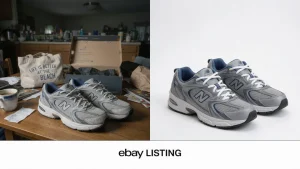 Side-by-side comparison showing the best background for eBay photos: a cluttered kitchen table shot versus a clean white studio background for the same sneakers