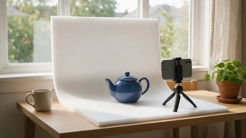 DIY home photo setup with a white foam board backdrop, smartphone tripod, and natural window light for eBay listings