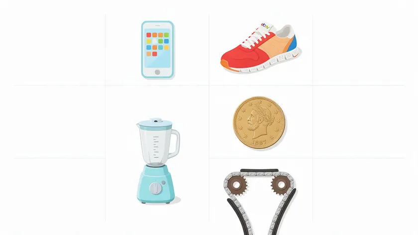 Flat icons representing different eBay product categories—electronics, fashion, home goods, collectibles, and auto parts