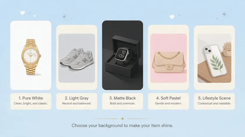 Five background style options for eBay product photos—pure white, light gray, matte black, soft pastel, and lifestyle scene