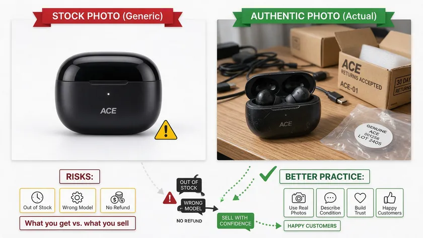 Comparison of a generic stock photo versus an authentic product photo for an eBay listing, showing why real photos build buyer trust
