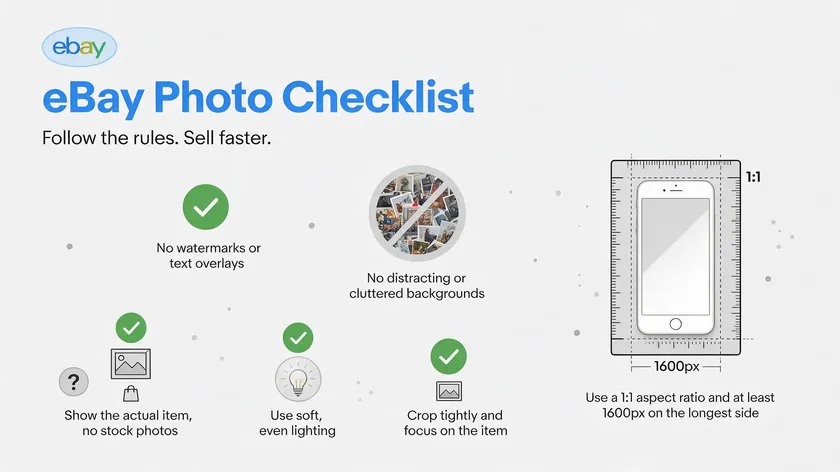 eBay photo requirements checklist covering lighting, cropping, watermarks, and the 1:1 aspect ratio at 1600px