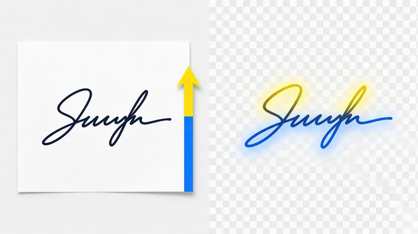 Side-by-side comparison showing how to remove background from signature scans, turning a paper signature into a transparent PNG.