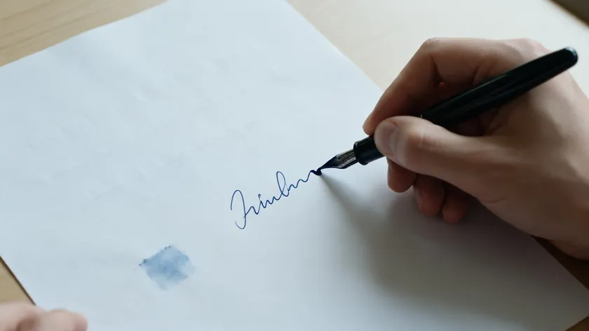 A hand signing a name in dark ink on plain white paper, the recommended way to capture a clean signature before you remove its background.