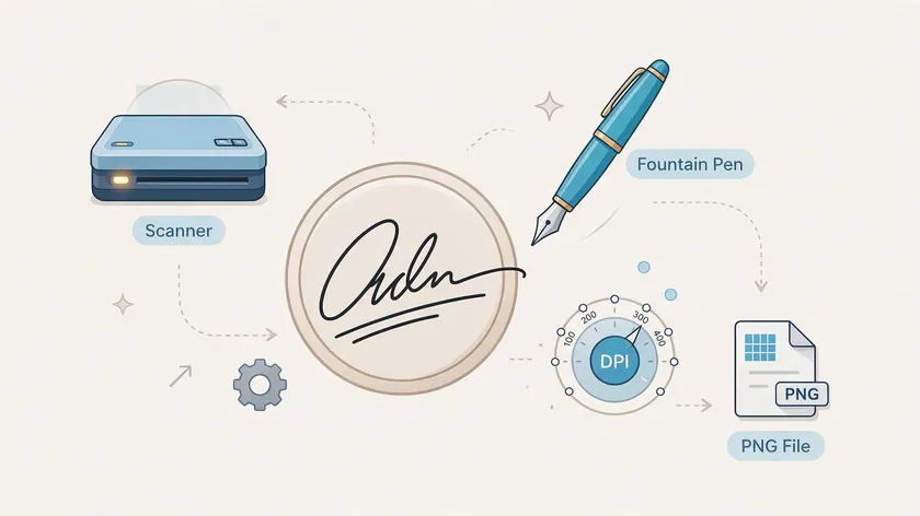 Icon set showing a scanner, pen, DPI gauge, and PNG file, summarizing the best settings to remove background from signature captures.