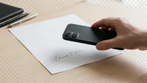 A smartphone photographing a handwritten signature on white paper, the first step to remove background from signature images and create a transparent file.