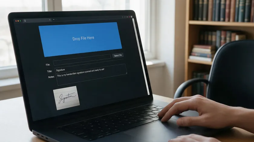 A laptop browser showing a file-upload screen for a scanned signature, ready to remove background from signature images online.