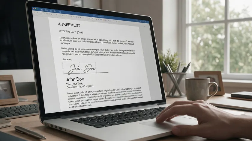 A laptop screen showing a transparent signature inserted into a Word agreement, an example of using a file after you remove background from signature images.