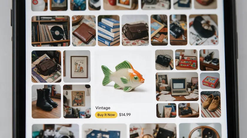 A smartphone displaying an eBay product listing gallery with a white background photo as the primary image.