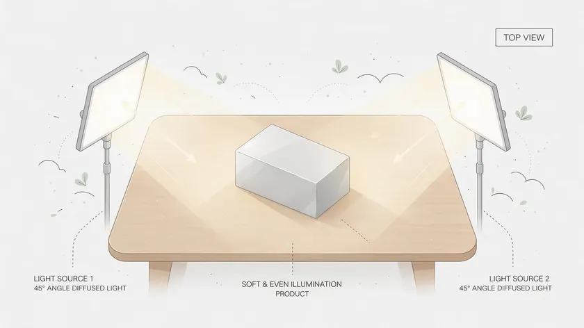 A flat diagram illustrating a top-view 45-degree lighting setup with two light sources positioned around a product on a white background.