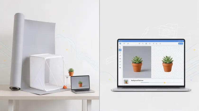 A split illustration comparing a physical white backdrop setup with gear on one side and digital background editing on a laptop on the other.