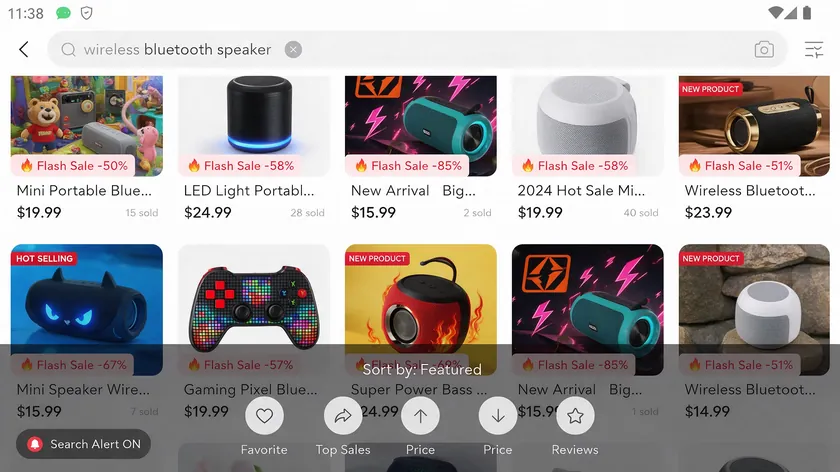 A smartphone screen displaying a marketplace search results grid where listings with white background product photos stand out visually.