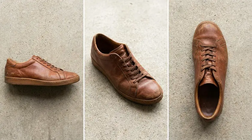 Three angles of the same leather sneaker, a standard ecommerce product photography sequence