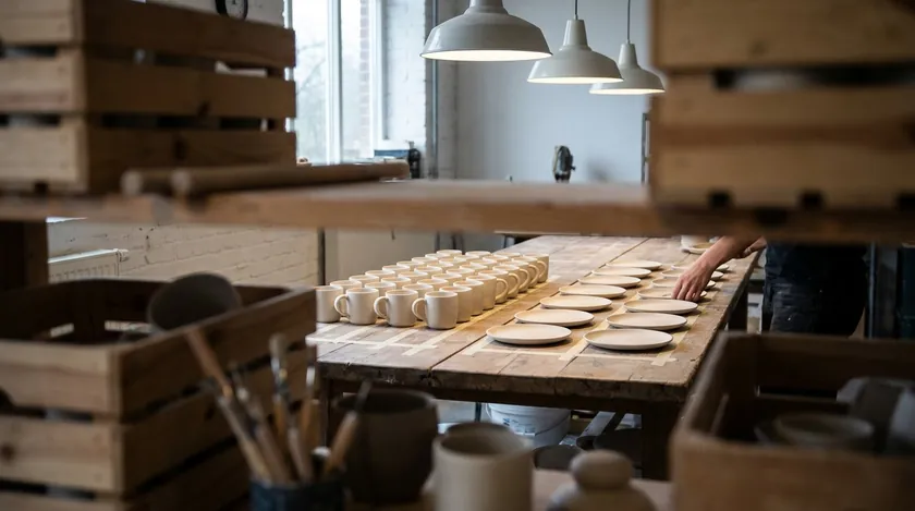 Rows of identical mugs and plates arranged on a workshop table for batch ecommerce product photography