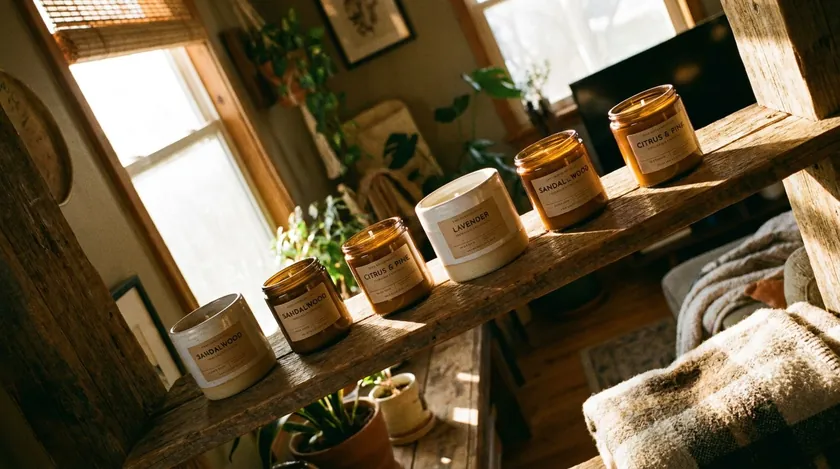Candle jars styled on a sunlit shelf, a finished result of ecommerce product photography